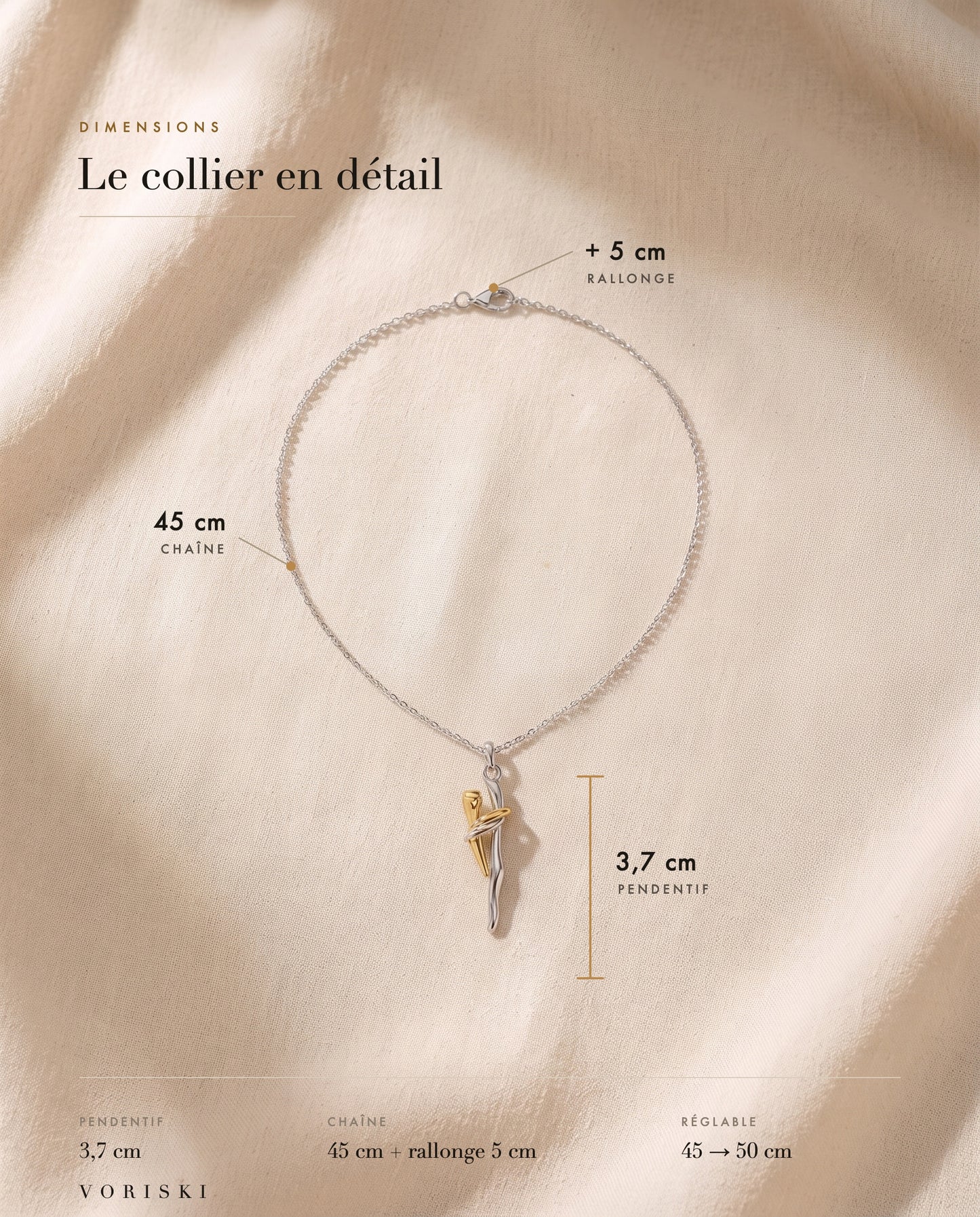 Dimensions du Collier Mère & Enfant : pendentif 3,7 cm, chaîne 45 cm avec rallonge de 5 cm, longueur réglable de 45 à 50 cm