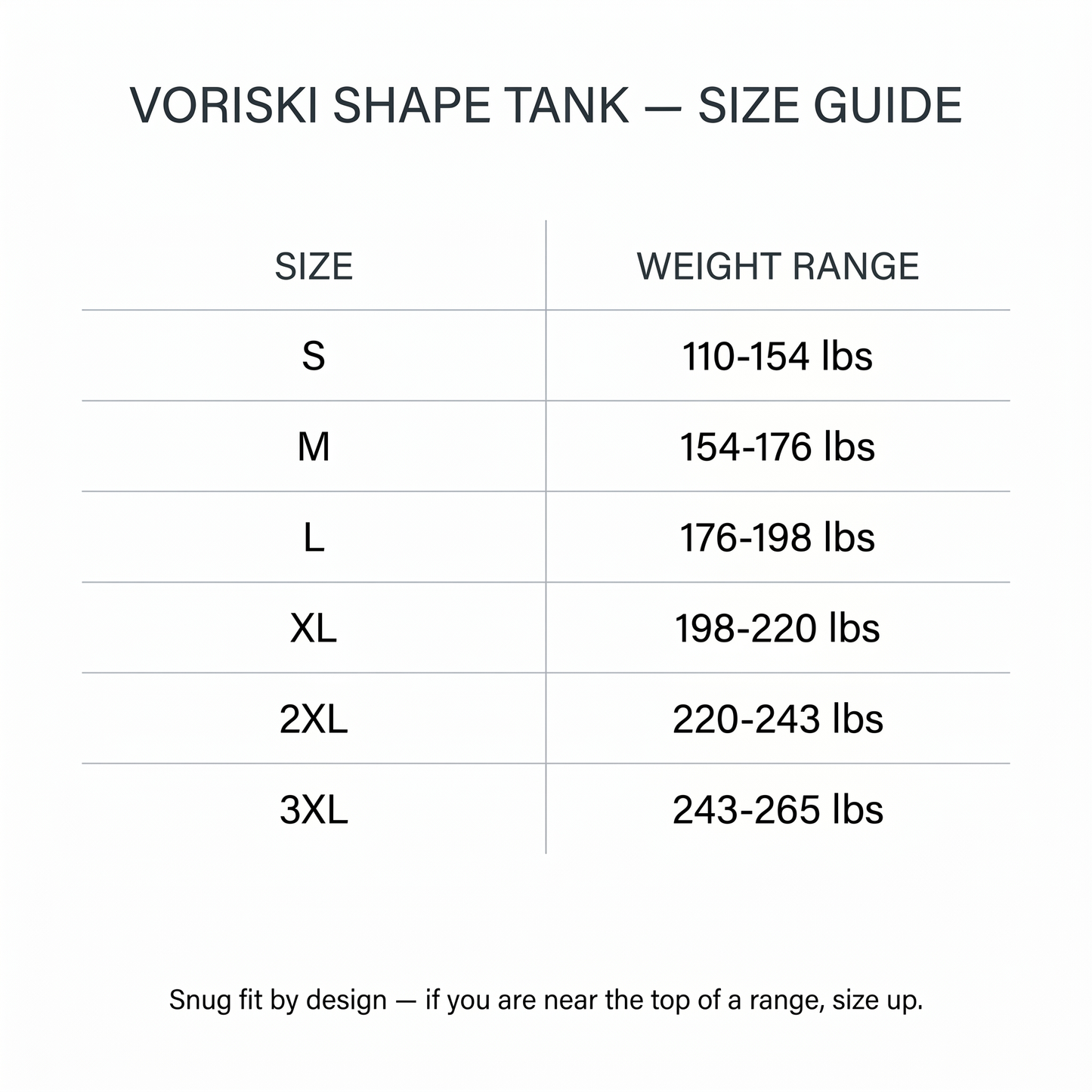 Voriski Shape Tank size guide - S to 3XL weight ranges