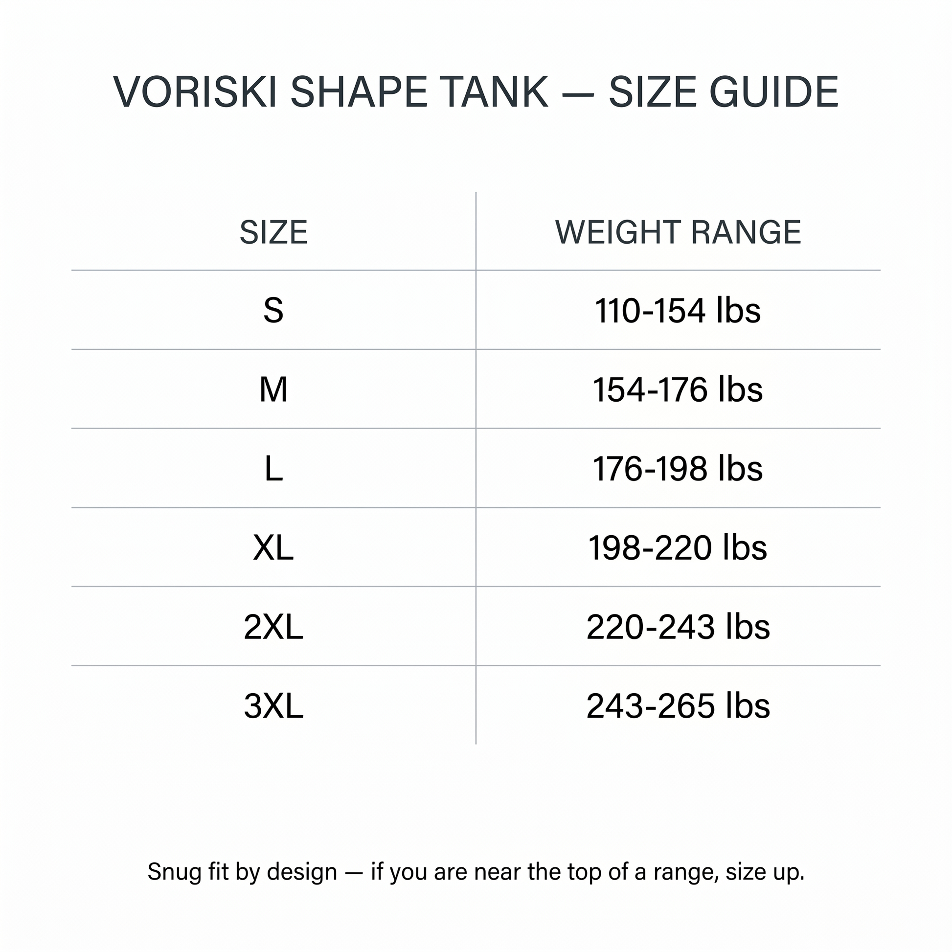 Voriski Shape Tank size guide - S to 3XL weight ranges