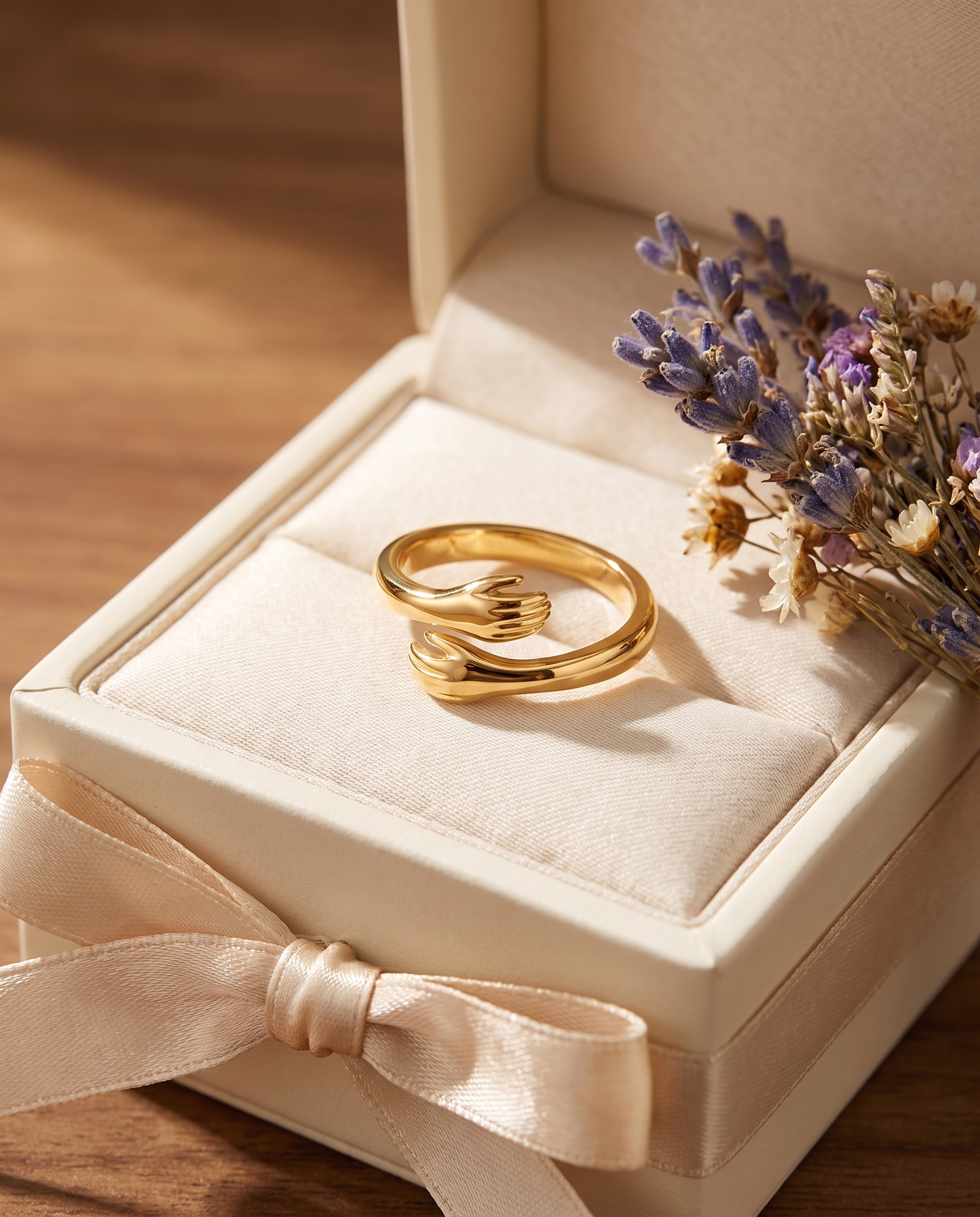Bague Câlin ajustable présentée dans son coffret cadeau avec fleurs séchées