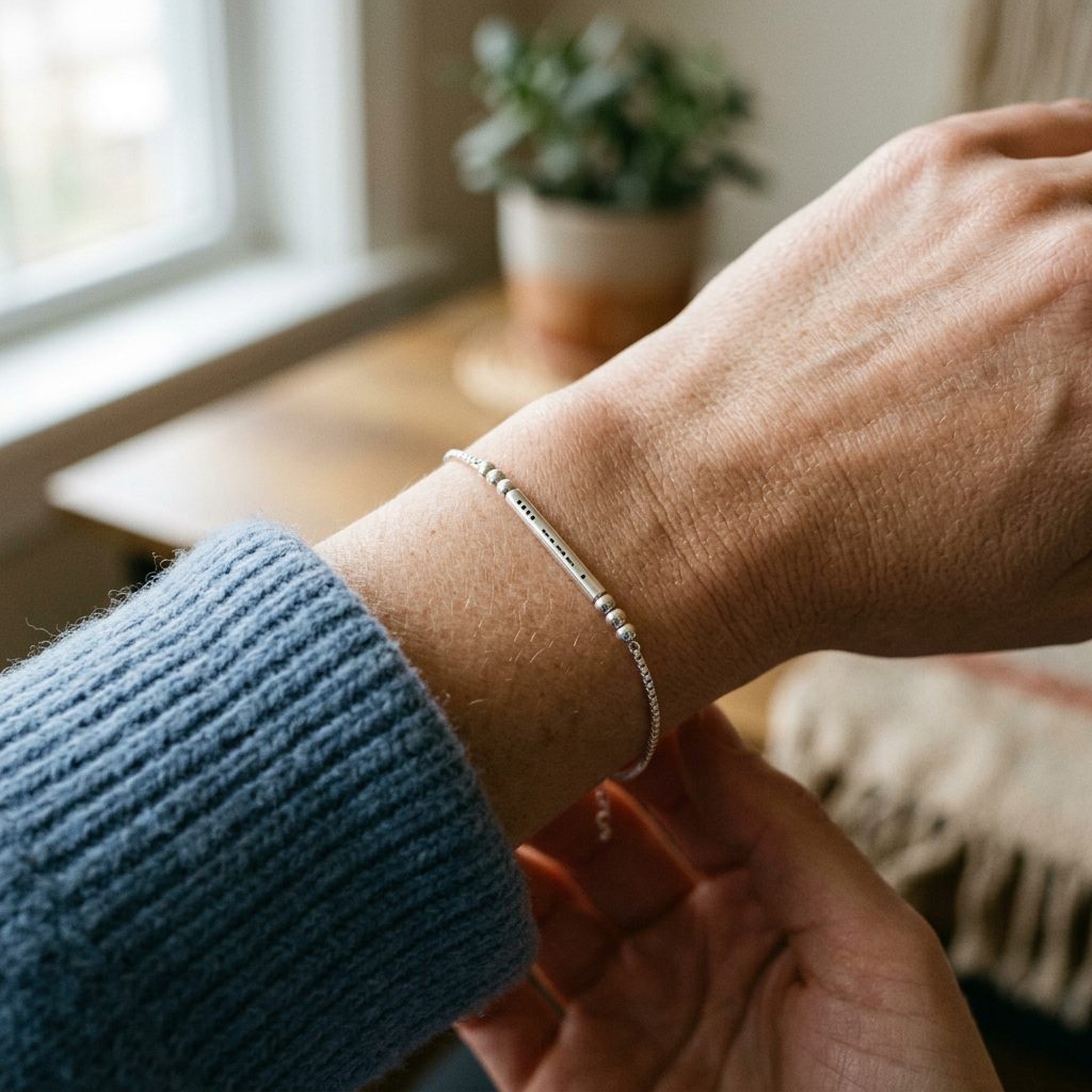 Bracelet Code Morse argenté porté au poignet